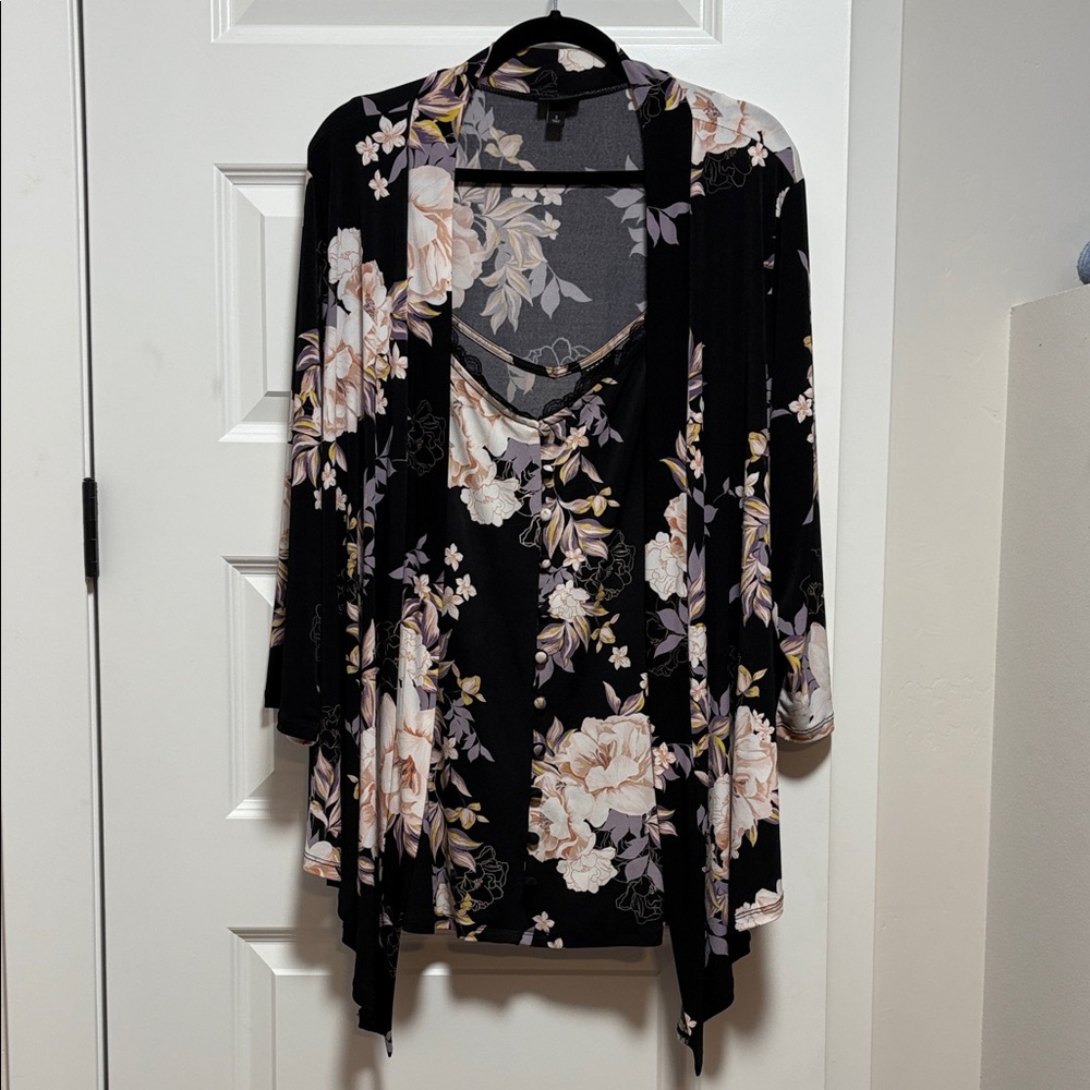 Floral Black and Cream Cami and Kimono Cardigan